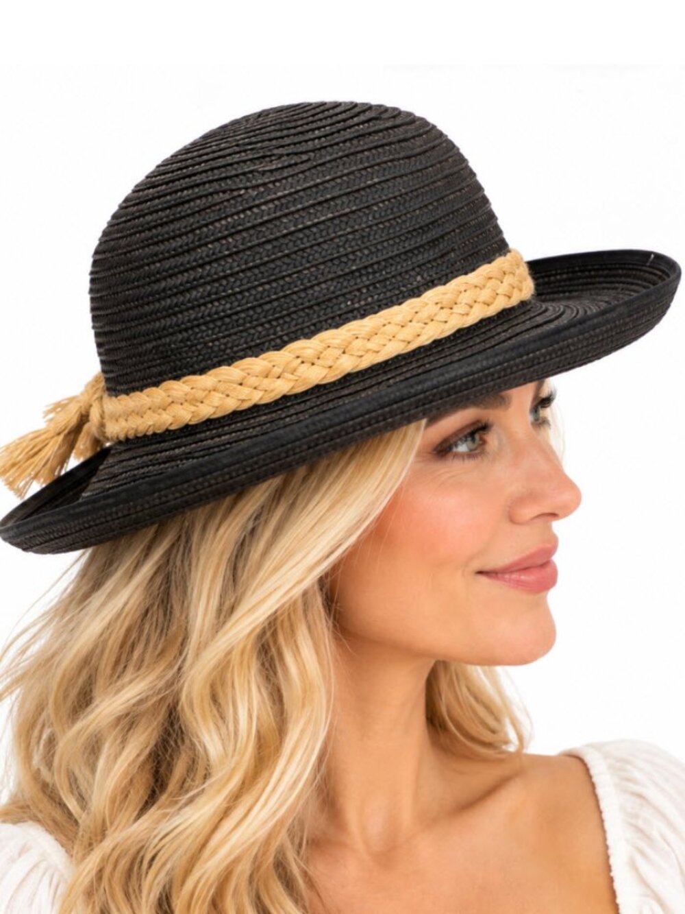 Emanuel Geraldo Black Straw Sun Hat Braided Band Boho Western 22"